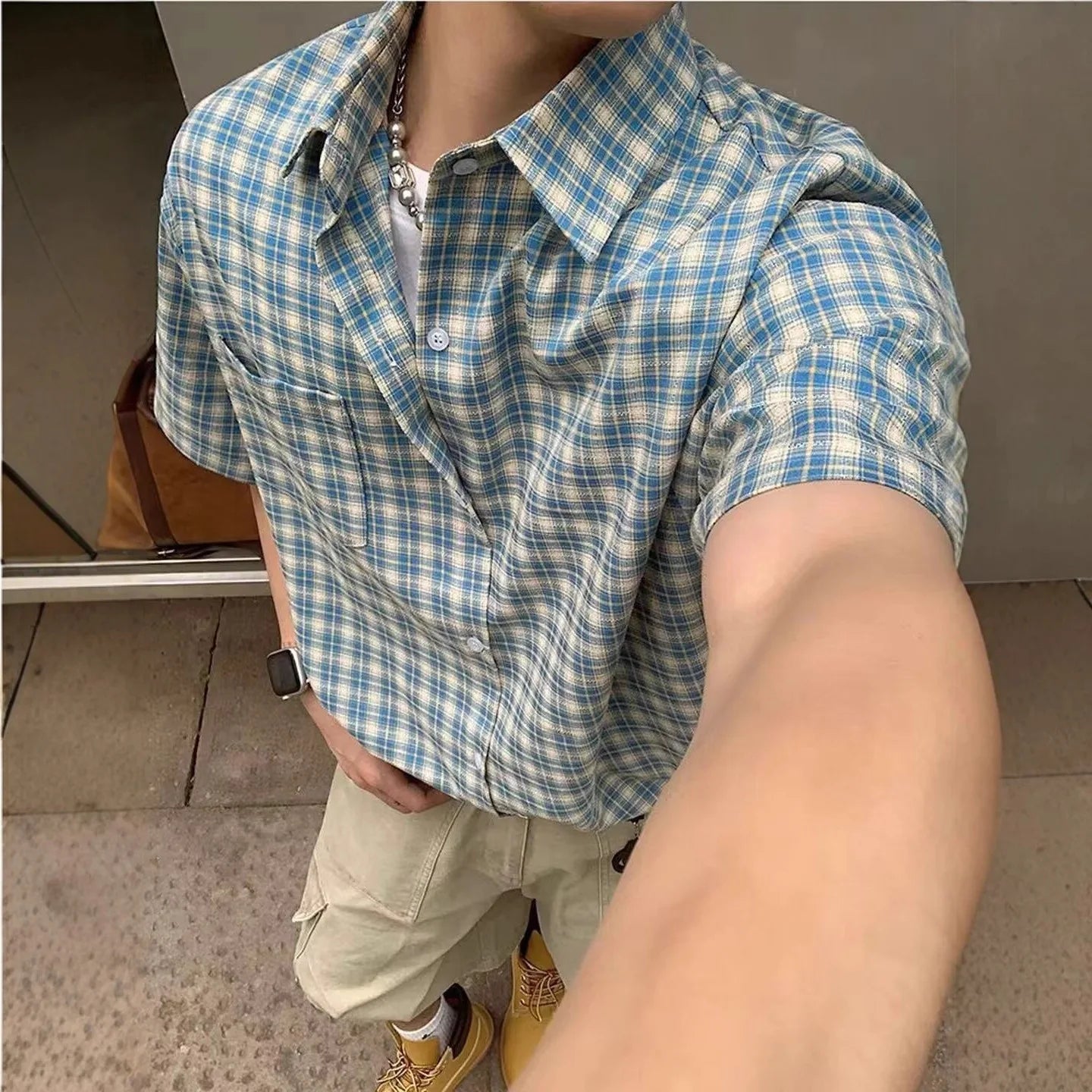 Retro Plaid Ice Silk Casual Shirt Men's Short Sleeve Summer Fashion Brand Stylish Jacket Iron-Free Polyester Fabric
