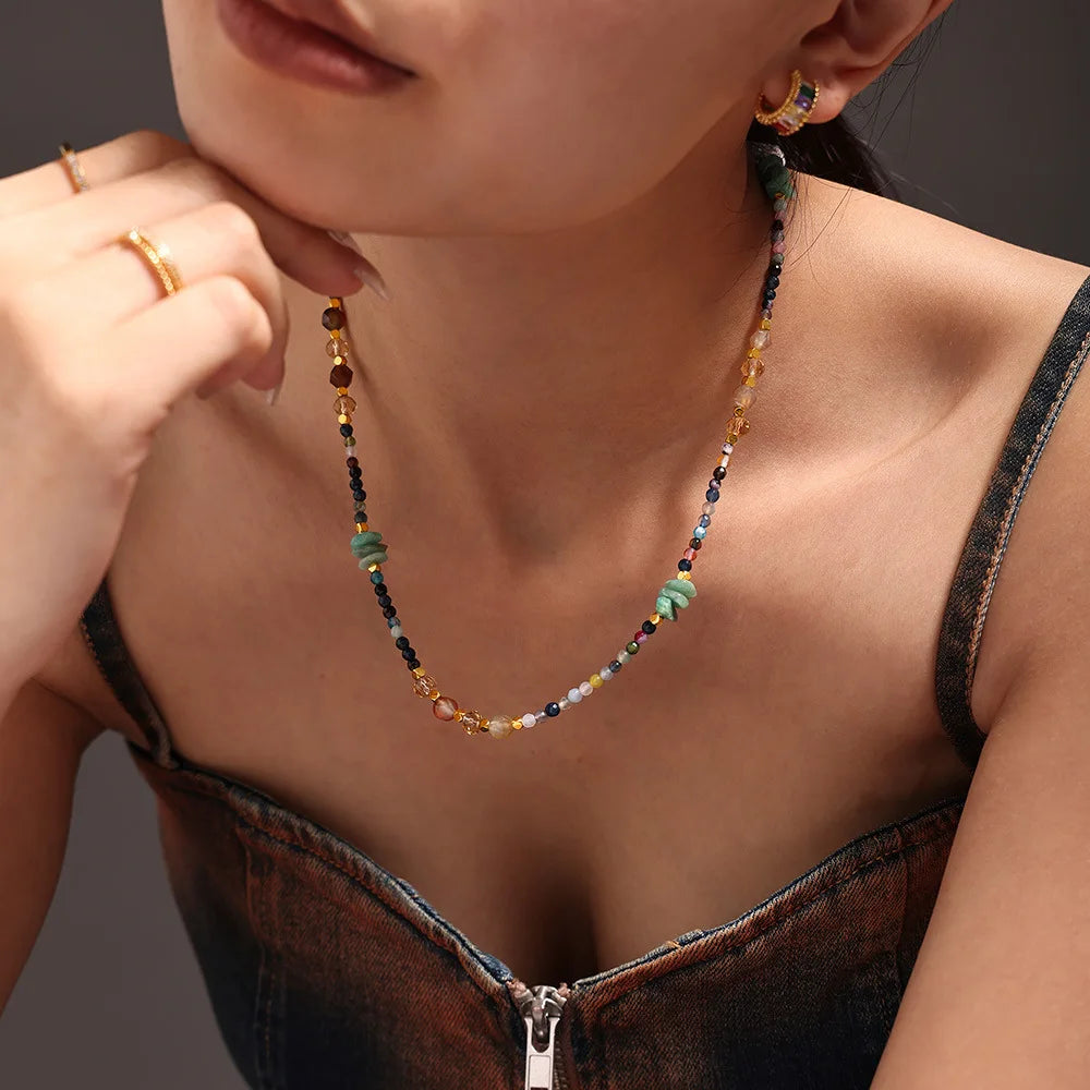 Colorful Stainless Steel Necklace with Irregular Crystal Stones