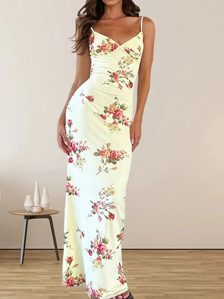 Floral Print Sleeveless Bodycon Maxi Dress for Women