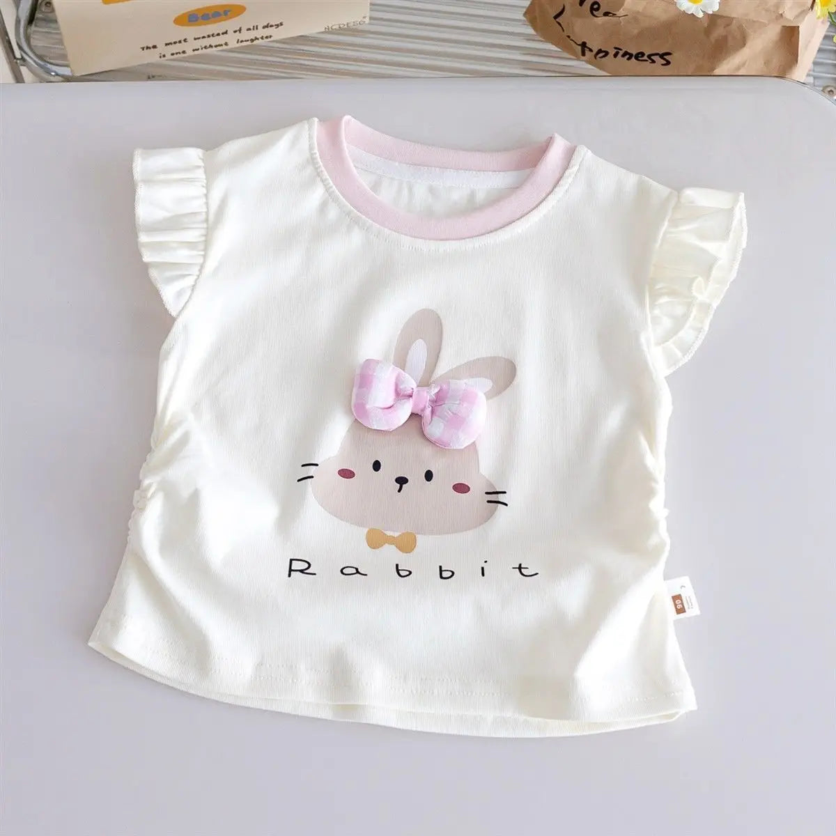 Cute Cartoon Summer Short-Sleeve Tops for Girls in Blue and Pink