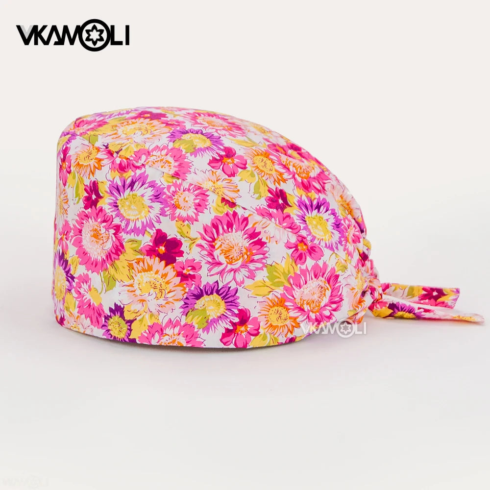 Adjustable Cotton Flower Print Scrub Caps for Women and Men