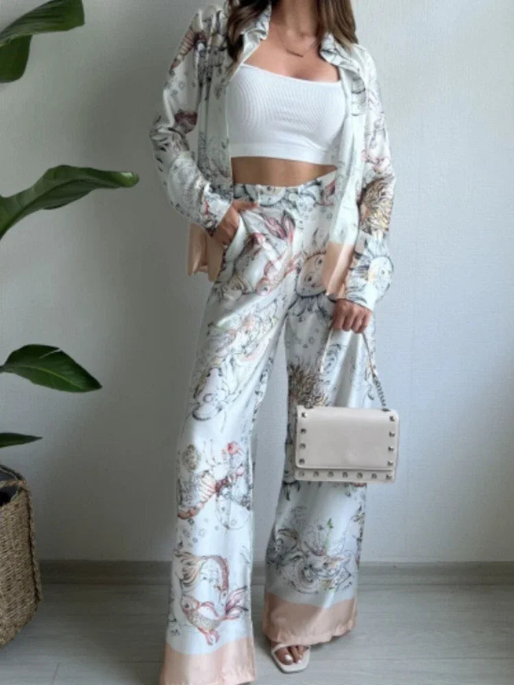 Elegant Print Long Sleeve Shirt and Wide Leg Pants Set