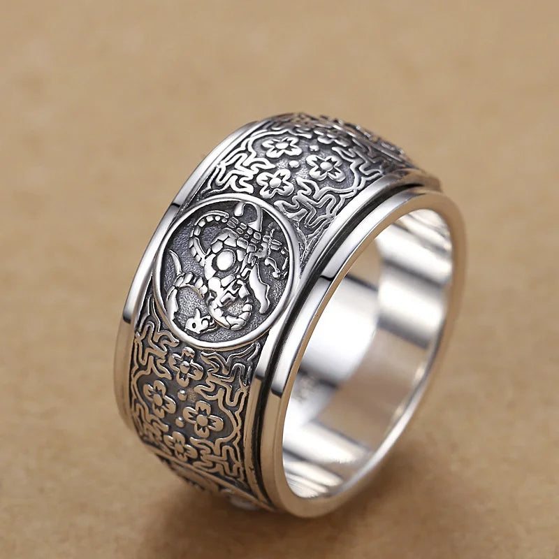 Rotable Powerful Beasts Ring For Men Jewelry Domineering Retro Carving Flower Ring Male Boyfriend Birthday Gift Many Sizes