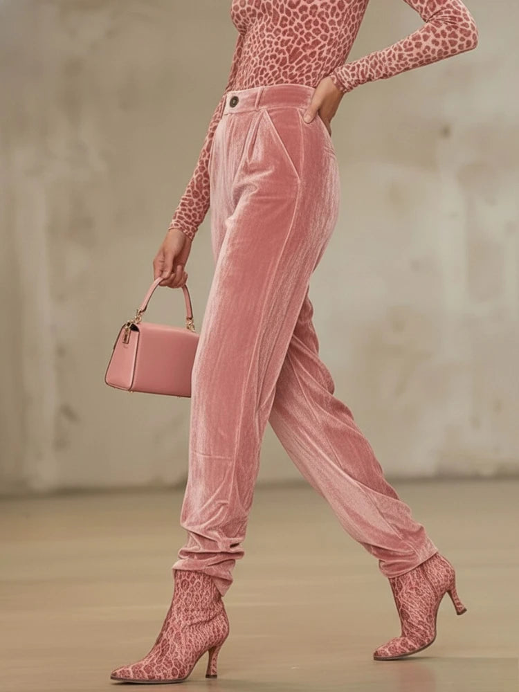 Bonboho Women's Pink Velvet High Waist Loose Fit Trousers