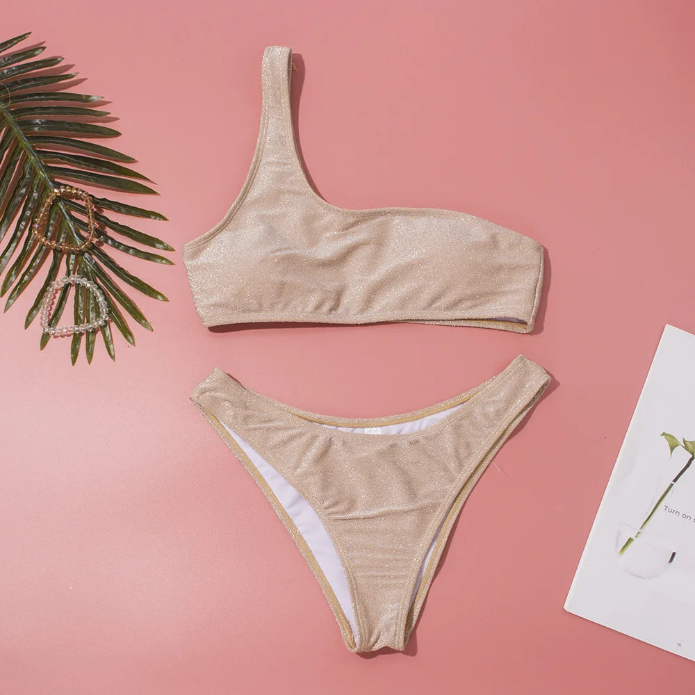 One Shoulder Glitter Bikini Set for Women by seagm