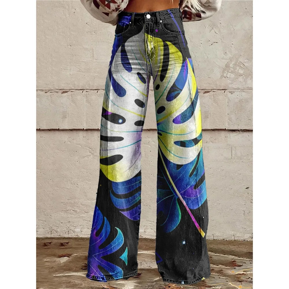 Colorful Tropical Leaf Print Wide Leg Pants for Women