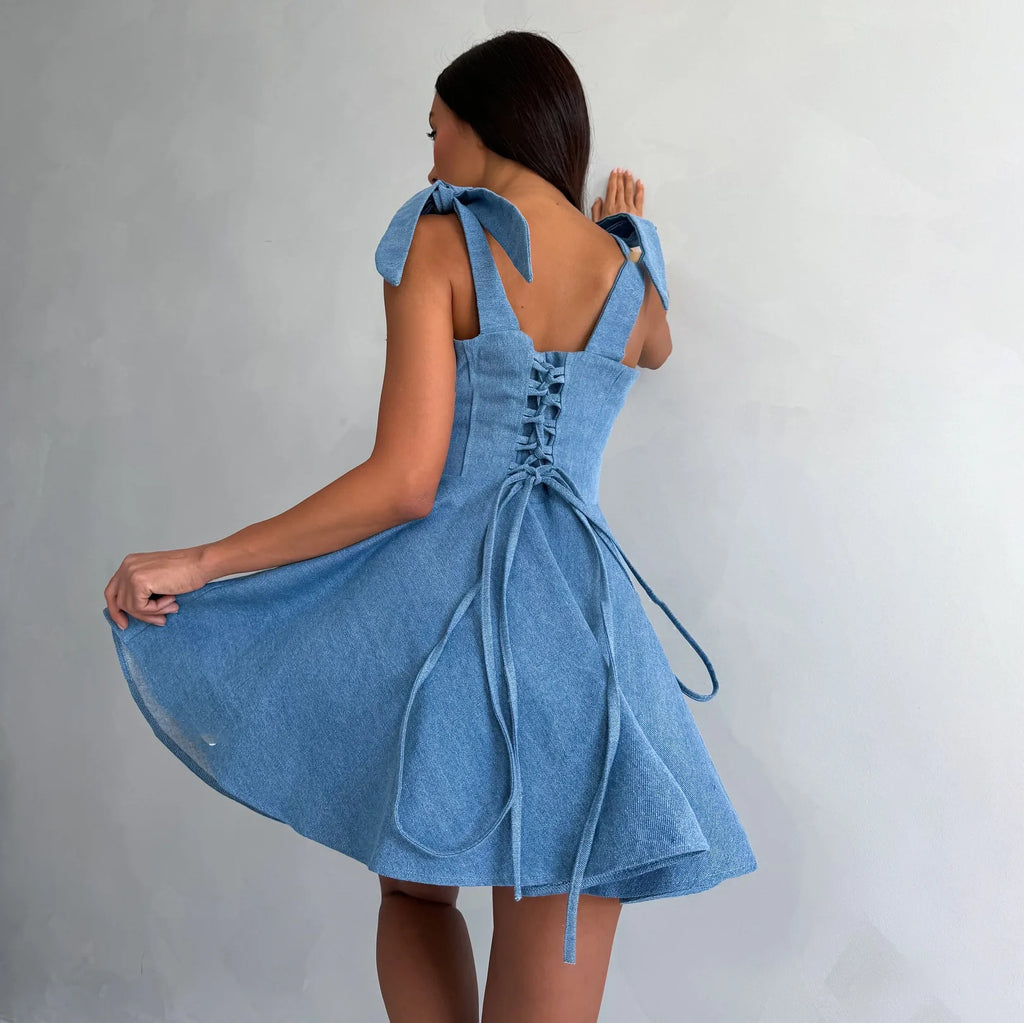 Stylish Denim Dress for Women with Bow and Spaghetti Straps