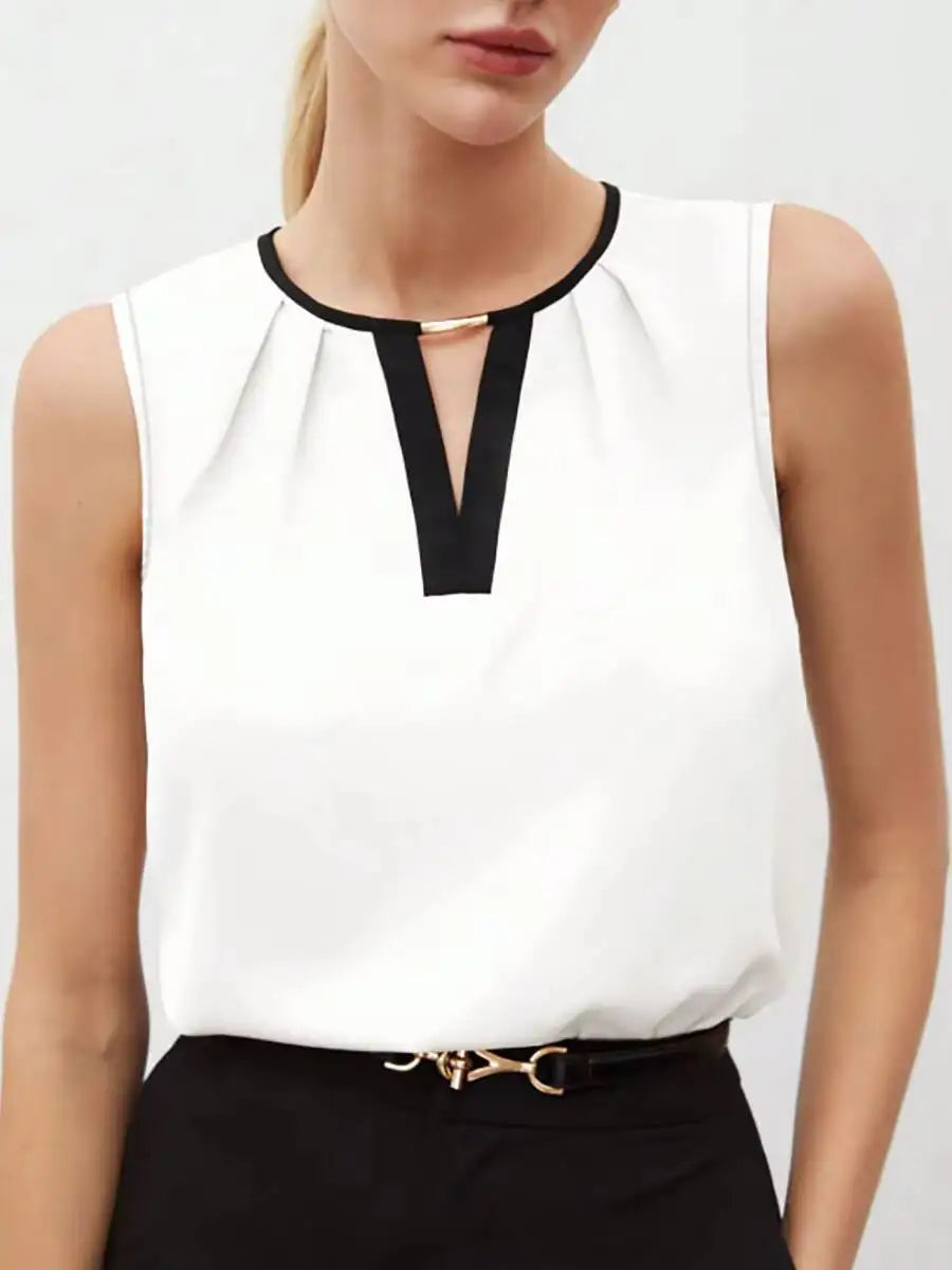 Women's Tank Top Spring Summer White Black Contrast Trim V Neck Sleeveless Loose Elegant Office Daily Work Top