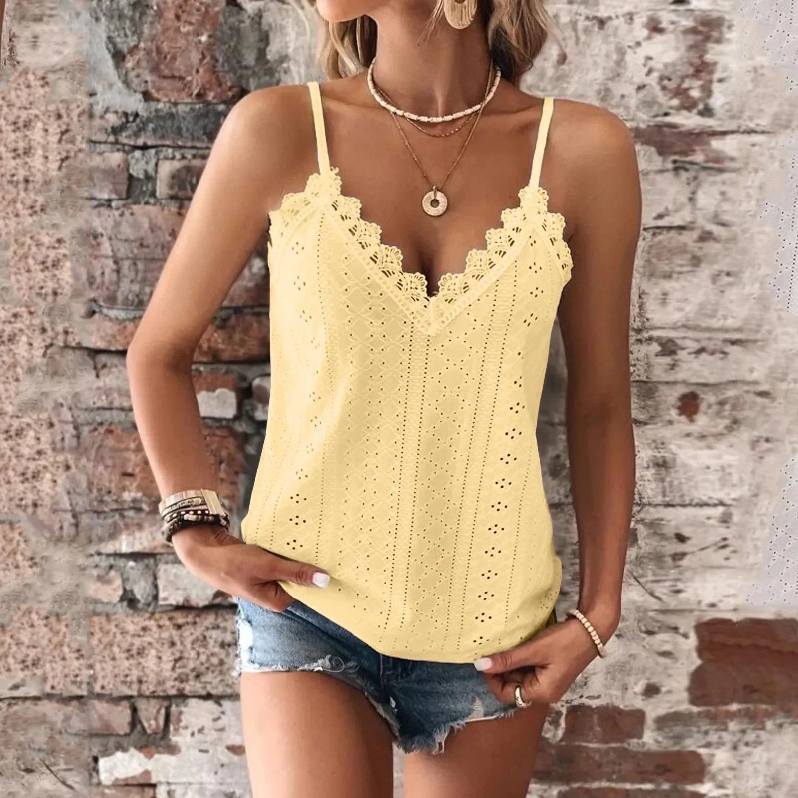 Creme V Neck Lace Camisole Tank Top for Women
