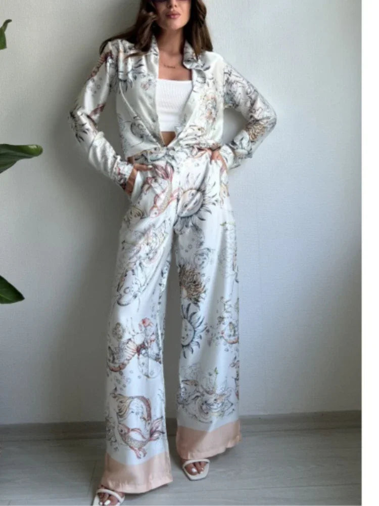 Elegant Print Long Sleeve Shirt and Wide Leg Pants Set