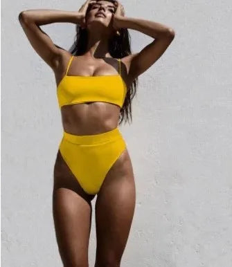 Solid Color High Waist Women's Bikini Set by HKOW