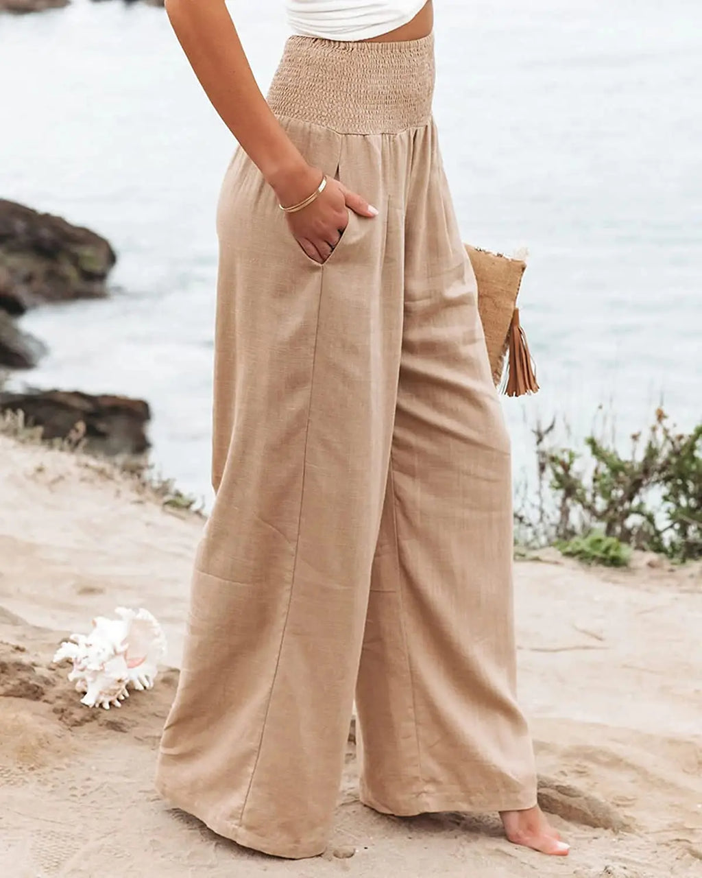 Women's Wide Leg Beach Pants with Drawstring for Summer