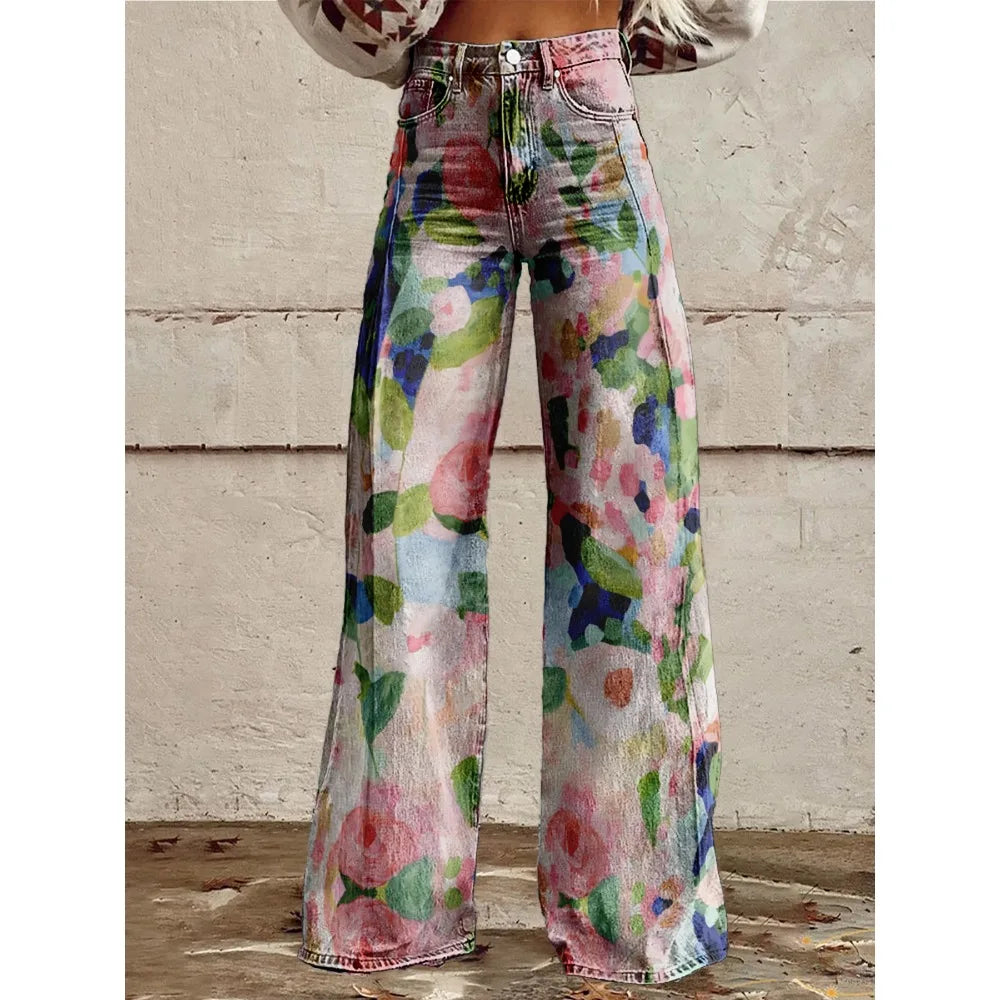 Colorful Tropical Leaf Print Wide Leg Pants for Women