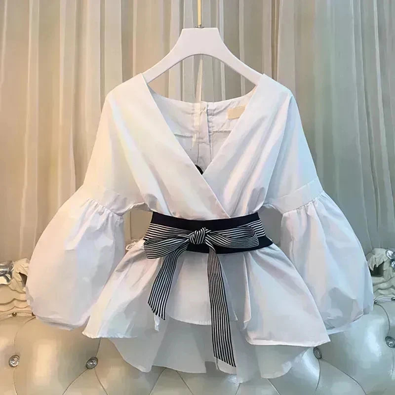 Elegant Women V-Neck Chiffon Shirt and Ripped Jeans Set