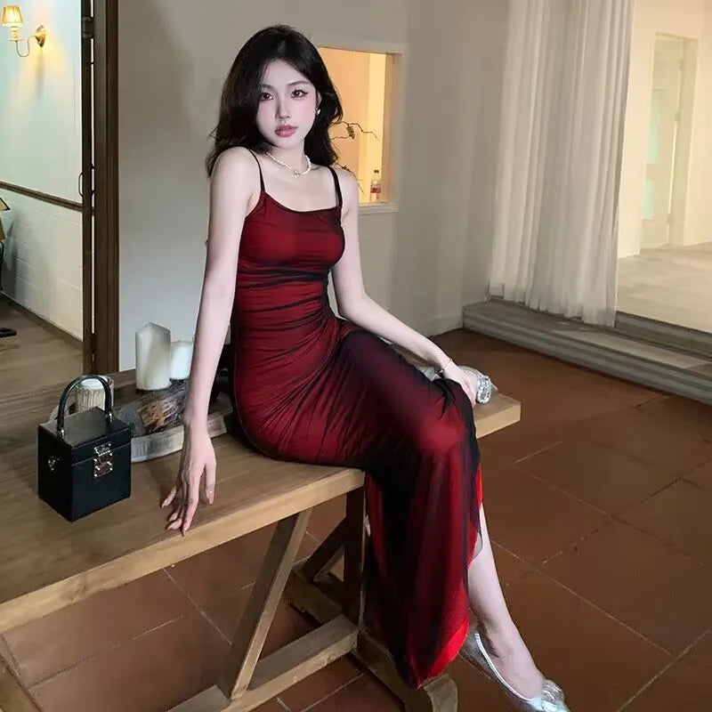 Elegant Wine Red Bodycon Corset Maxi Dress for Women