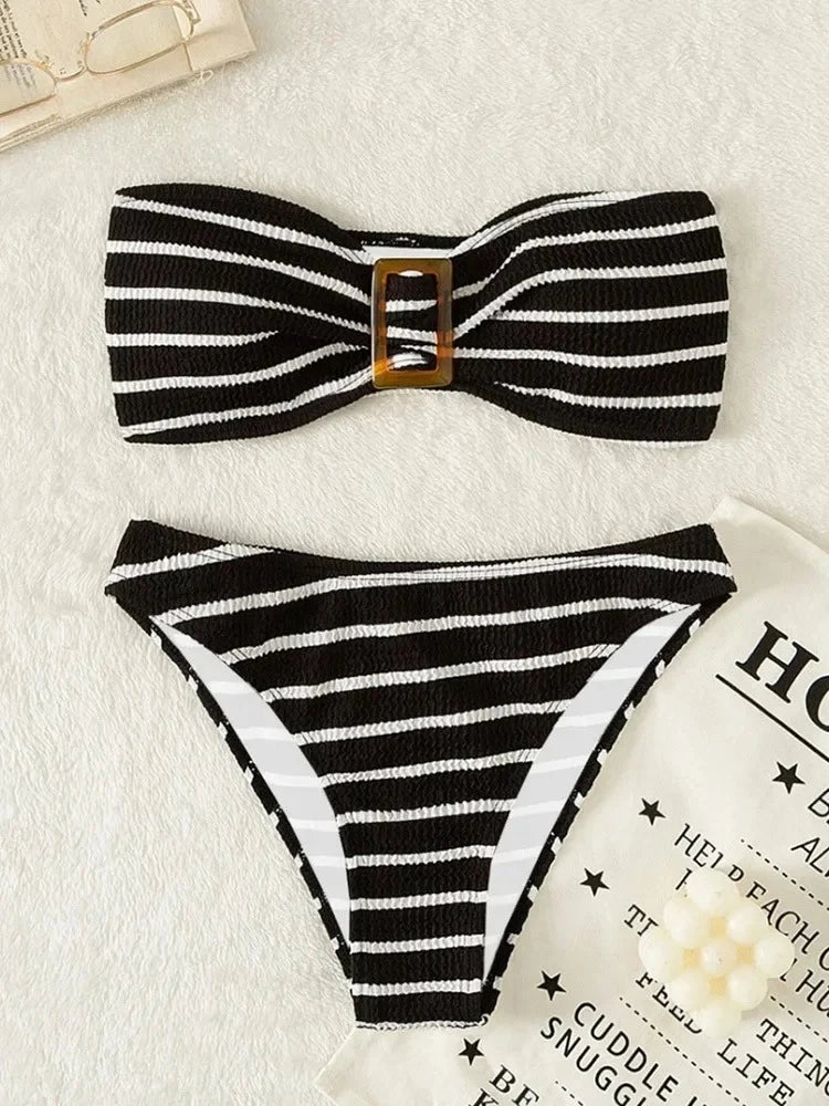 Bandeau Bikini Set in Solid Polyester Elastane for Women