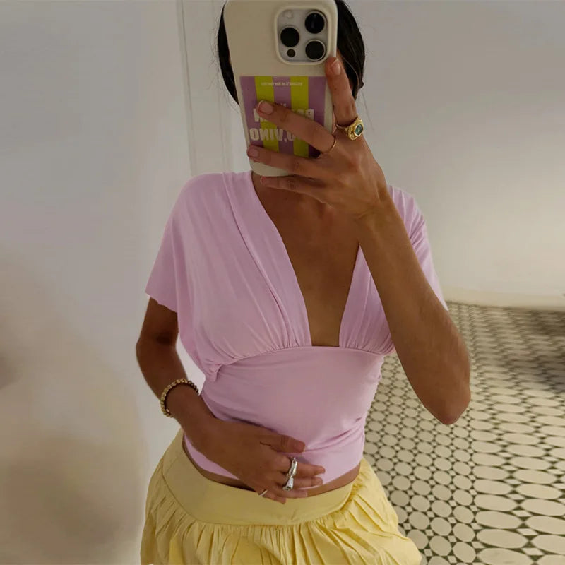 Sexy V neck Tanks Top Women Backless Lace Up Ruched Crop Top Vest Tee Y2K Slim Club Party Top Hot Girl 2026 Summer New Tops