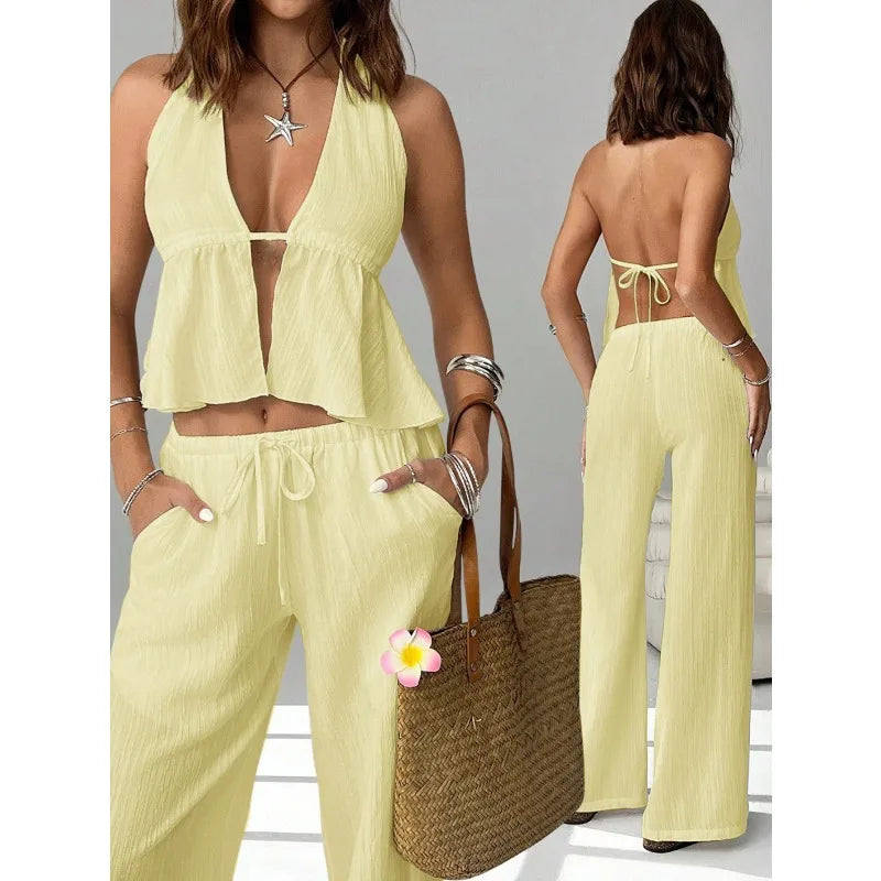 Chic Halter Backless Crop Top and Wide Leg Pants Set