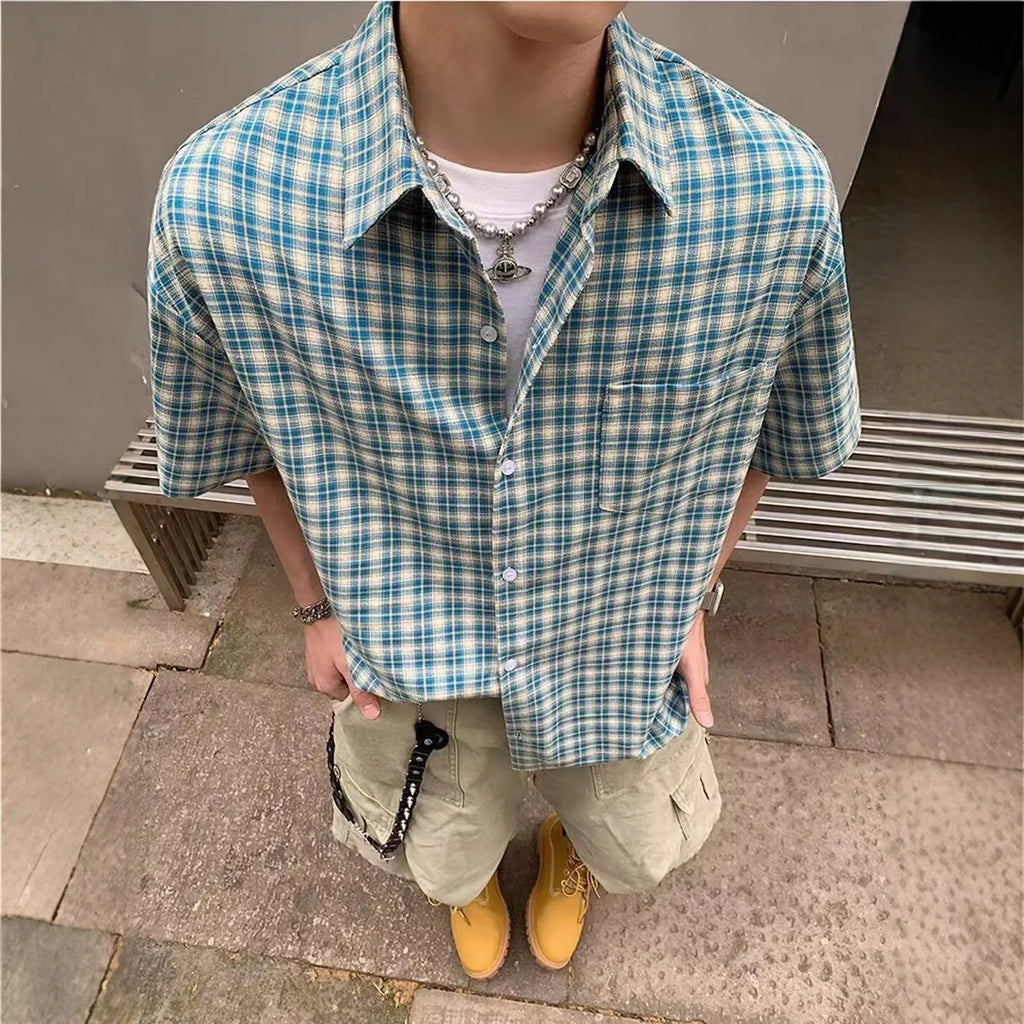 Retro Plaid Ice Silk Casual Shirt Men's Short Sleeve Summer Fashion Brand Stylish Jacket Iron-Free Polyester Fabric