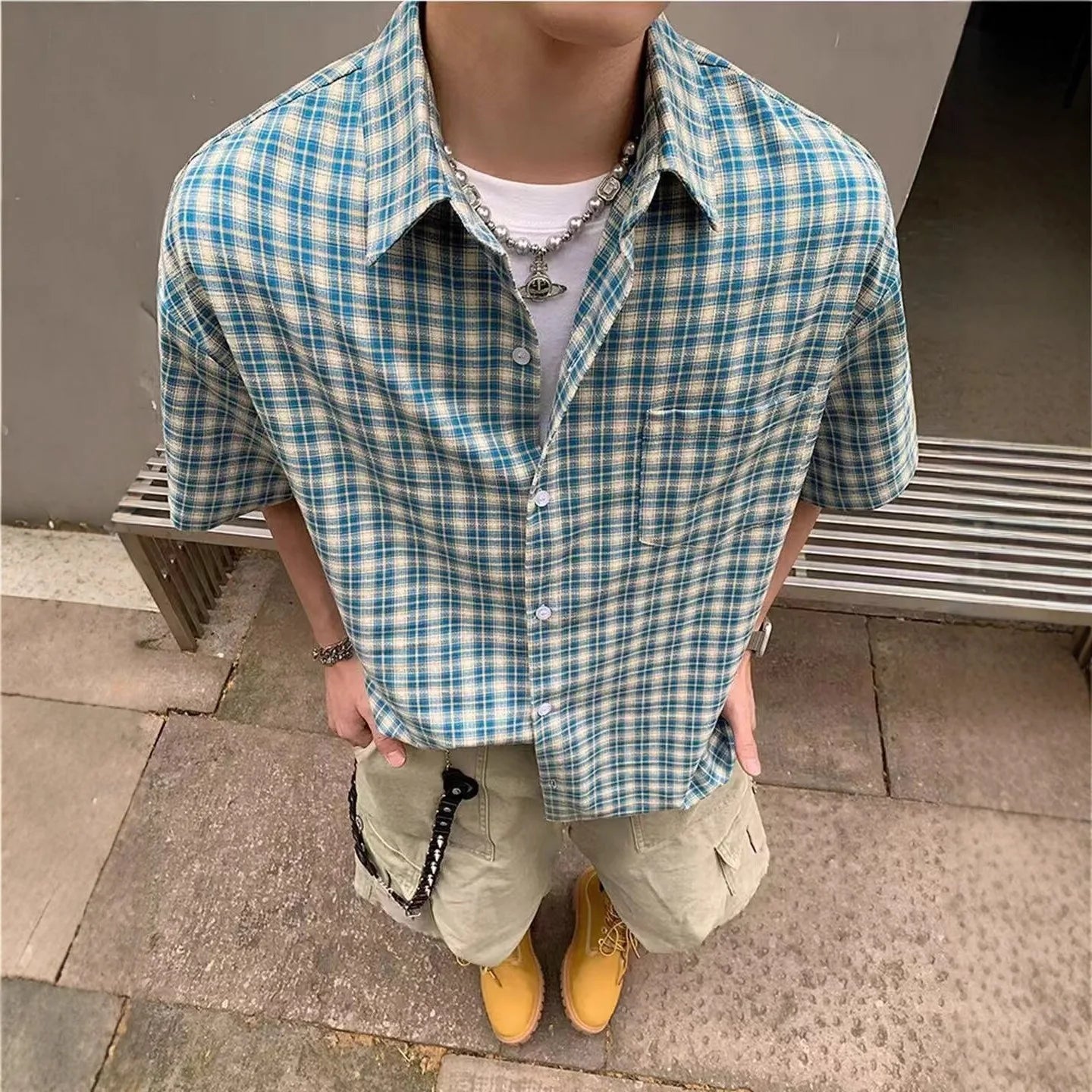 Retro Plaid Ice Silk Casual Shirt Men's Short Sleeve Summer Fashion Brand Stylish Jacket Iron-Free Polyester Fabric