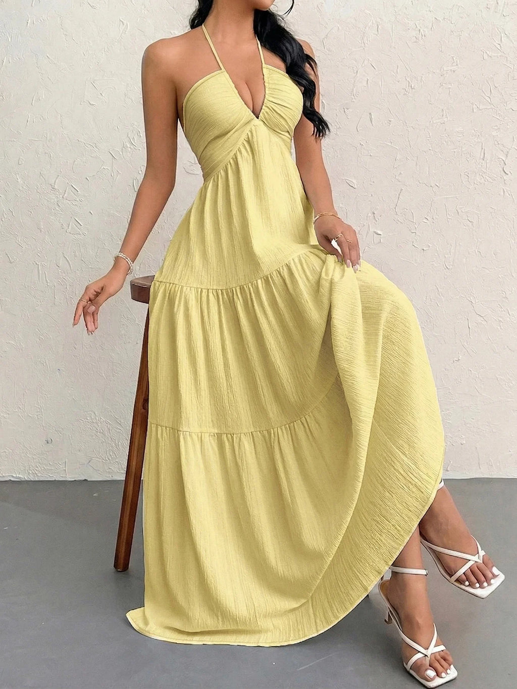 Yellow Tiered Flowy Halter Dress for Women by MALEY LifeStyle