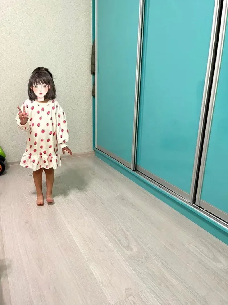 Korean Girls' Pleated Dress with Cartoon Strawberries