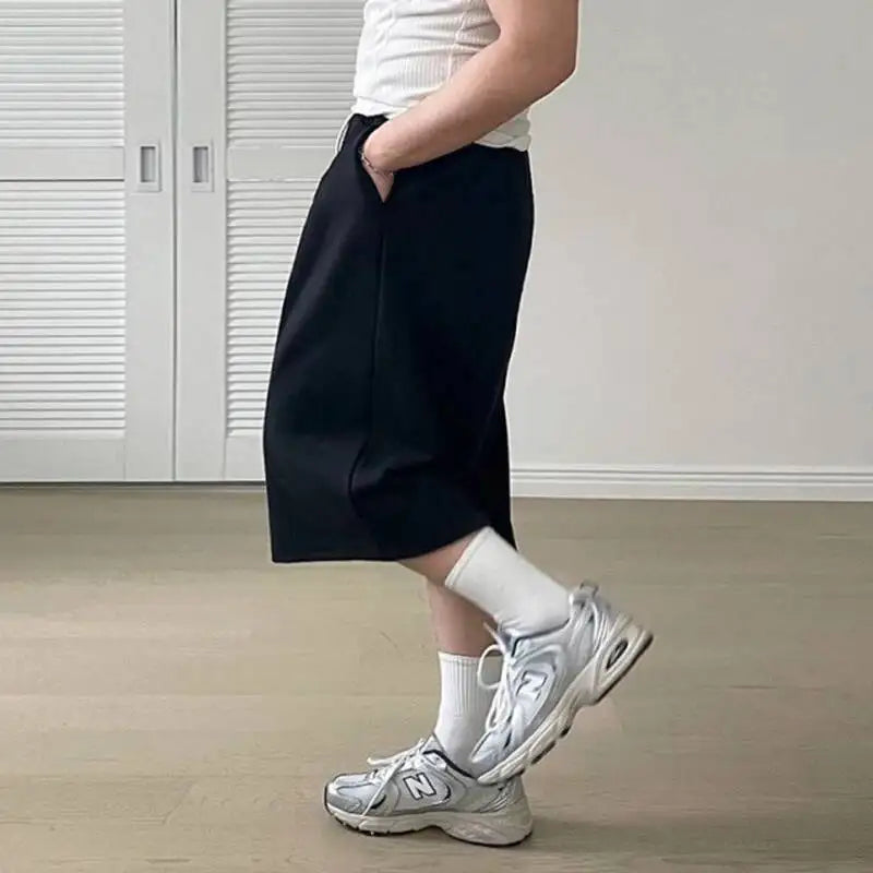 IEFB Korean Style Men's Sports Shorts Drawstring Solid Color Menswear Elastic Waist Straight Loose Wide Leg Male Bottom 9W2507
