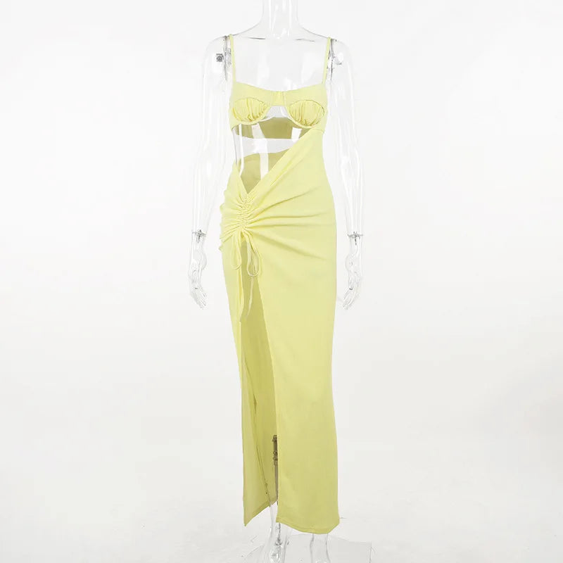 Melphieer Yellow Ruched Asymmetric Beach Dress for Women