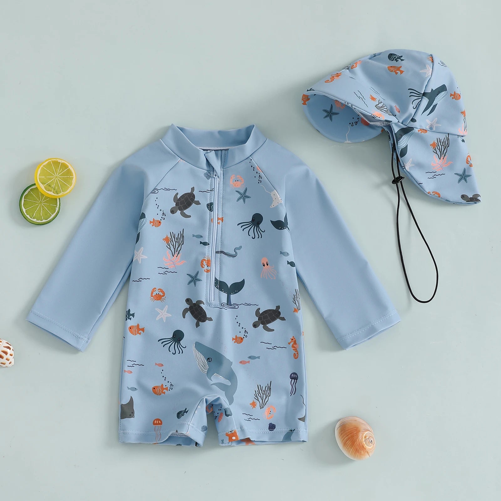 Boys Long Sleeve Marine Animal Print Swimwear with Hat
