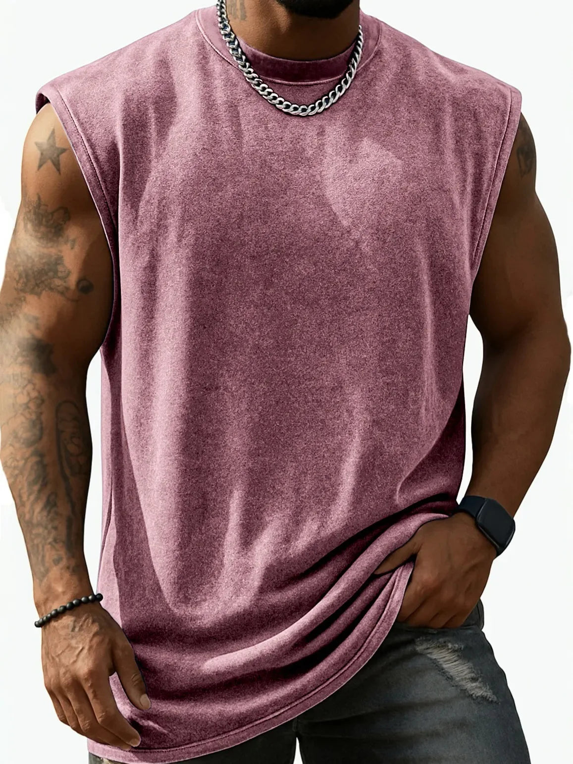 Men Vintage Washed Solid Crew Neck Sleeveless Tank Top Loose Fit Heavy Cotton Casual Fitness Summer Vest