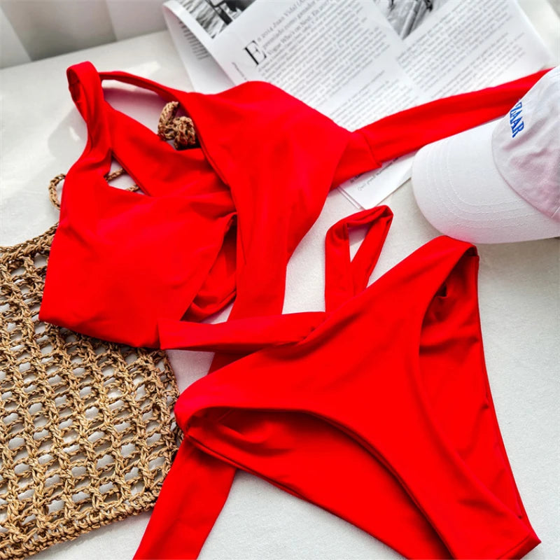 Solid Red One Shoulder Bikini Set for Women by wisuwore
