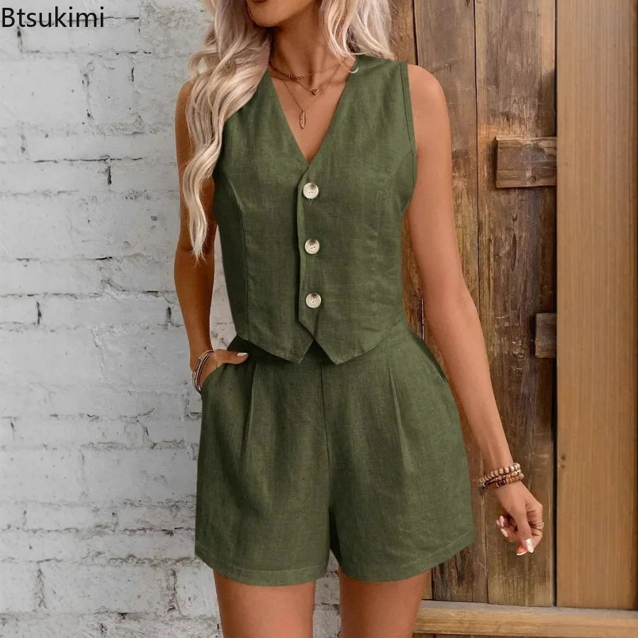 2026 Women's Apricot Cotton Linen Casual Two Piece Set