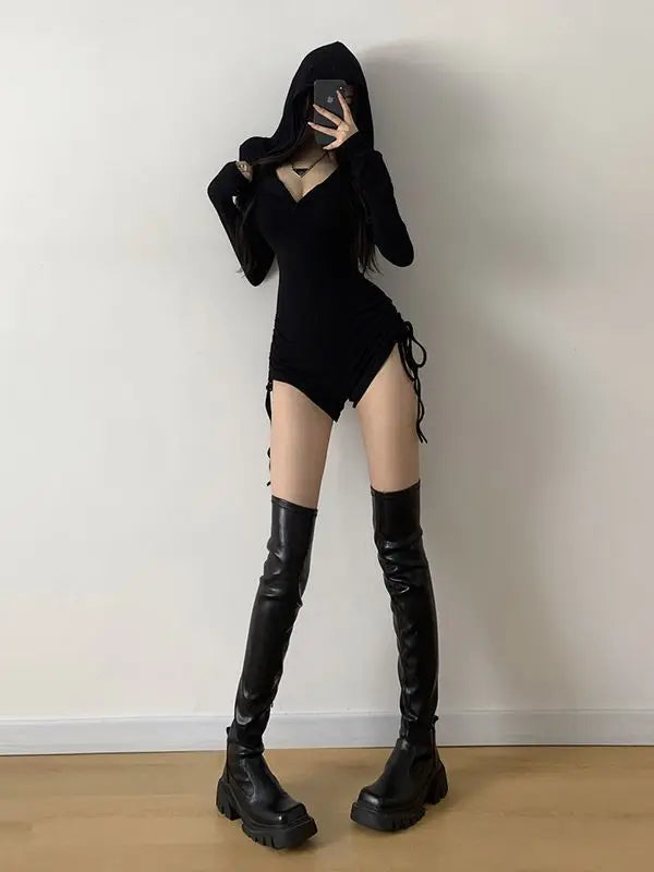 Korea Vintage Hooded Slim Casual Bodysuit for Women