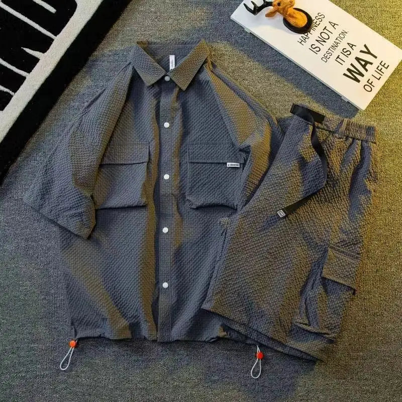 Plain Man Sets Black Shirts Shorts Suits for Men Cool Outdoor 2025 Trend Luxury Essential Basic Kpop Baggy Two-piece Set Korean