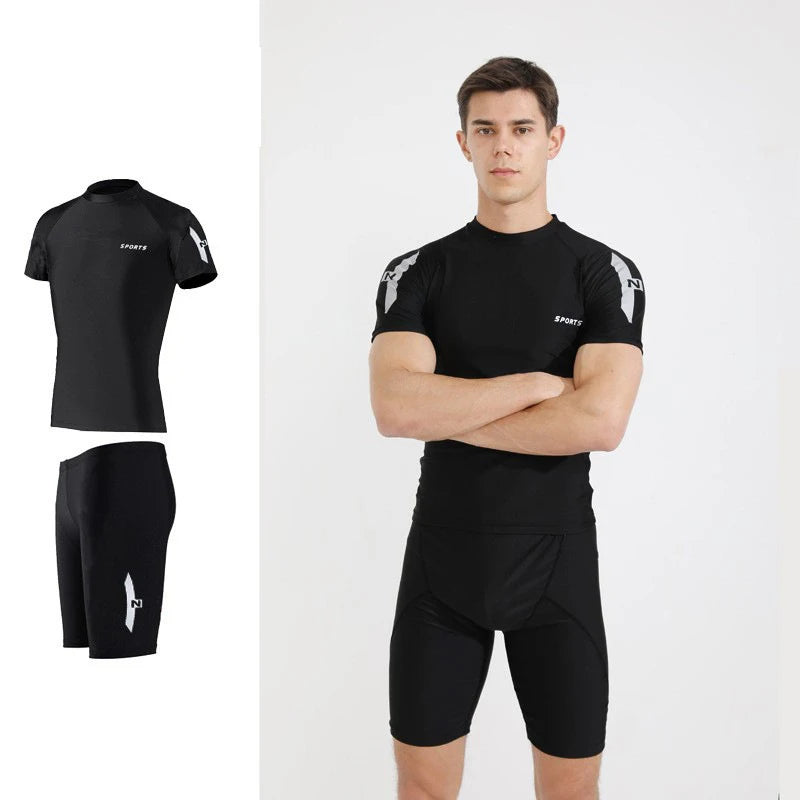 Men's Polyester Swimwear Set with Tight Elastic Shorts and Shirt