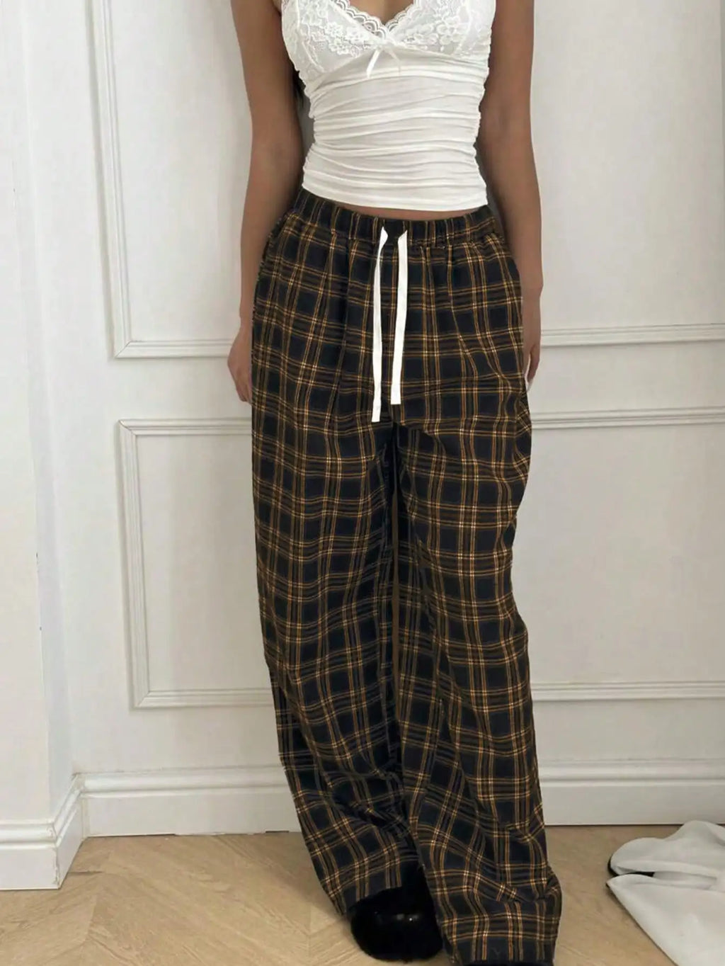 Women's High Waist Plaid Drawstring Wide Leg Pants