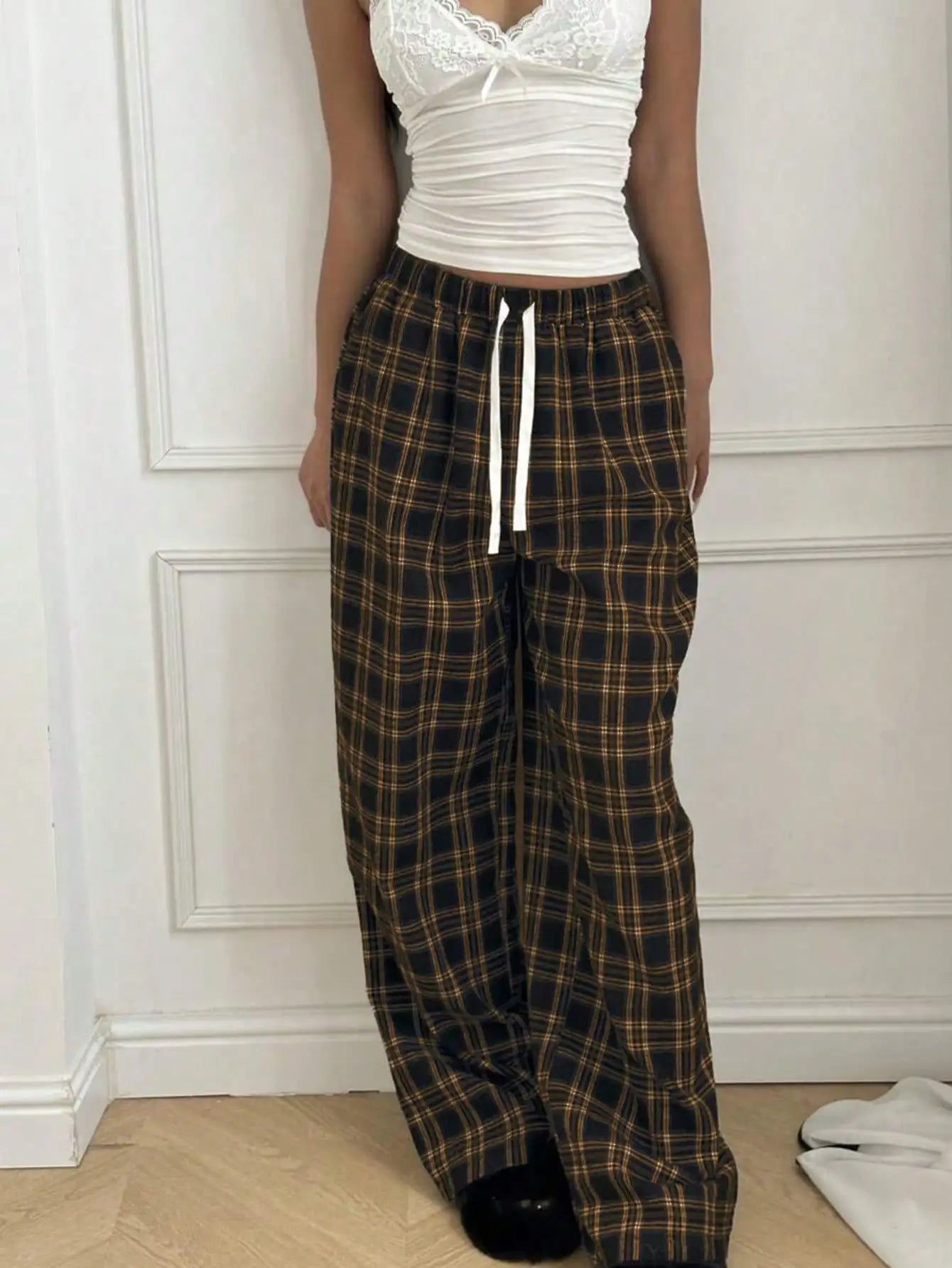 Women's High Waist Plaid Drawstring Wide Leg Pants