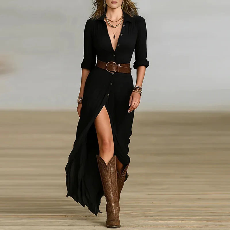 French Retro V Neck Belted Slim Pleated Long Dress