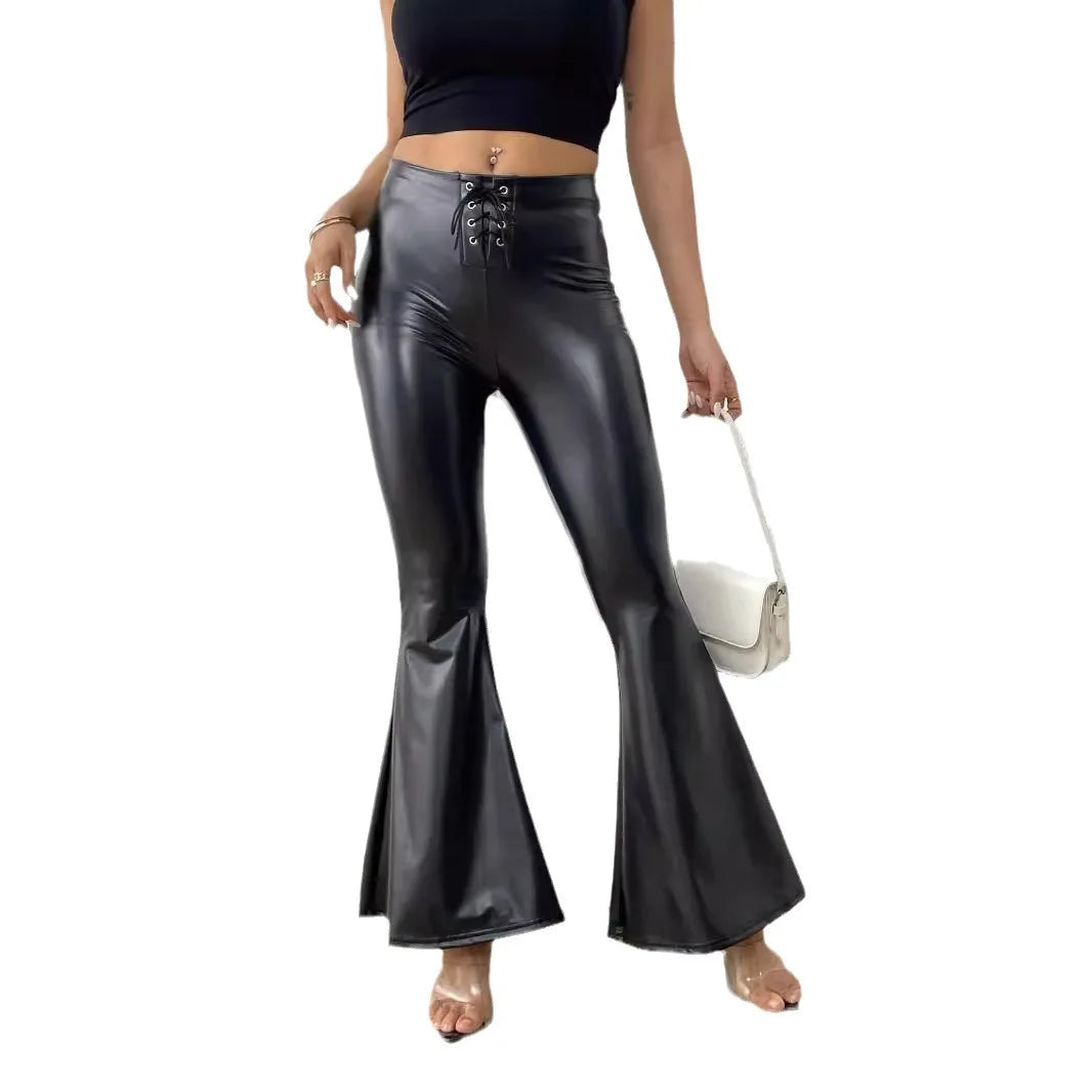 Shiny Leather Bell Bottom Trousers for Women by MALEY LifeStyle