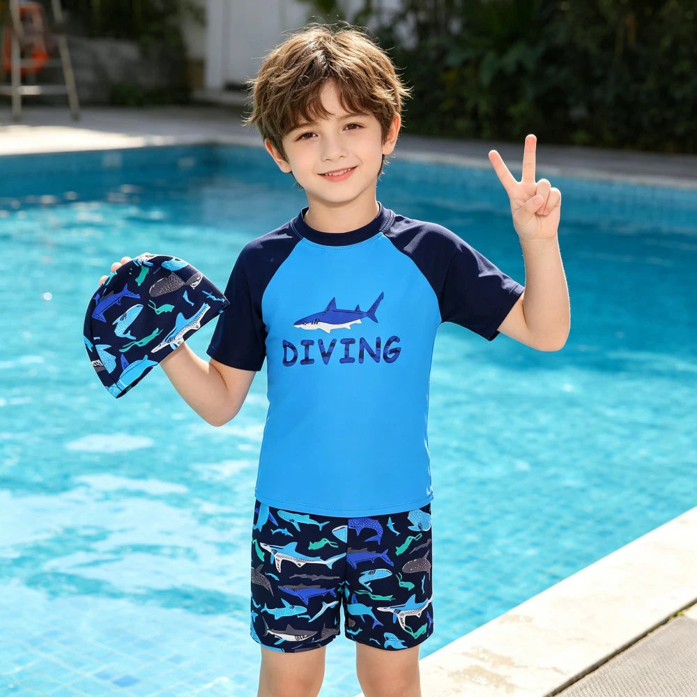 Boys Surf Rash Guard Set with Cap and Shorts for Summer