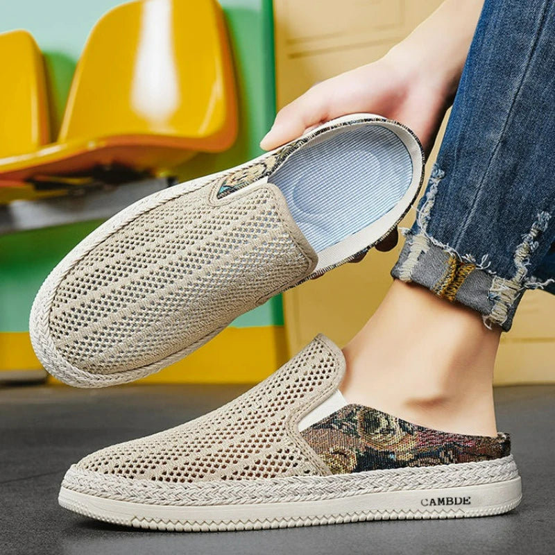Men's Shoes Mesh Half Slippers Trend Outdoor Round Toe Casual Shoes Lightweight Hollow Sneakers Summer Breathable Slip-On Shoes