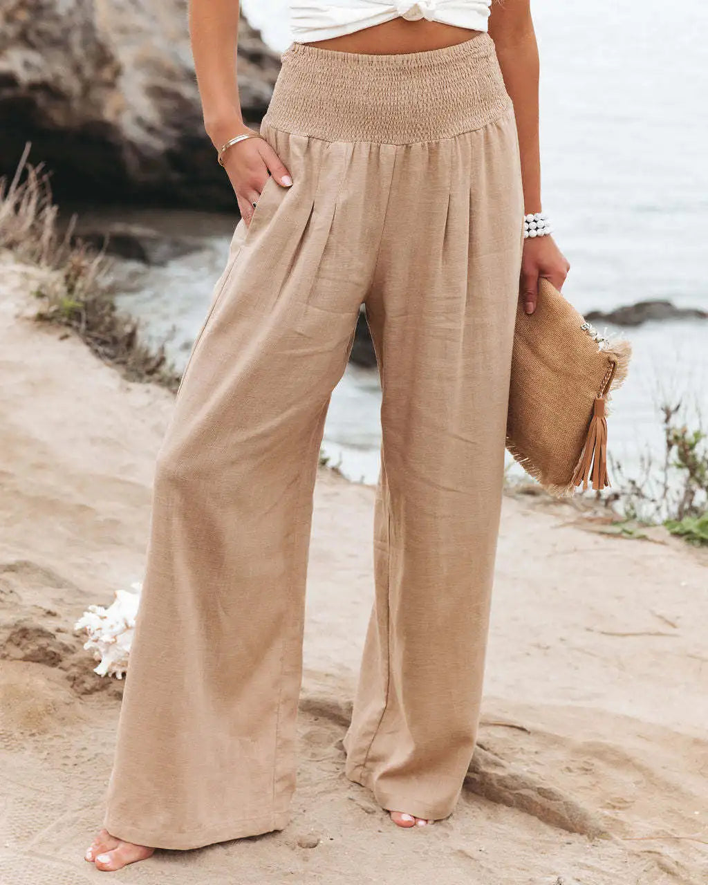 Women's Wide Leg Beach Pants with Drawstring for Summer