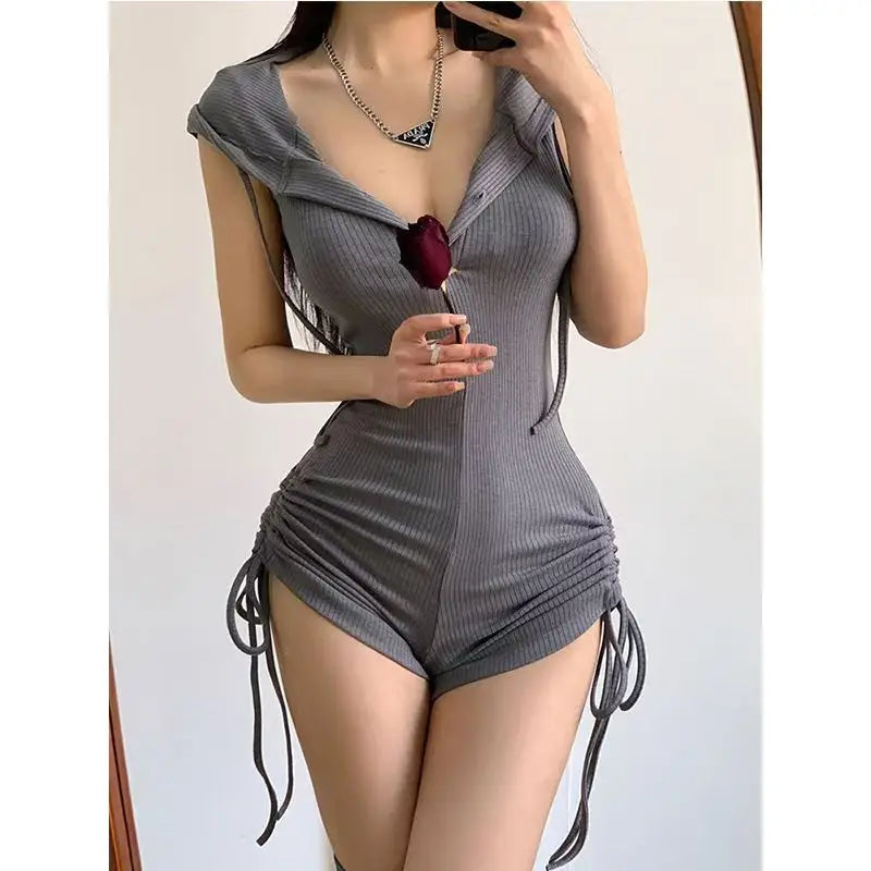 Korea Vintage Hooded Slim Casual Bodysuit for Women