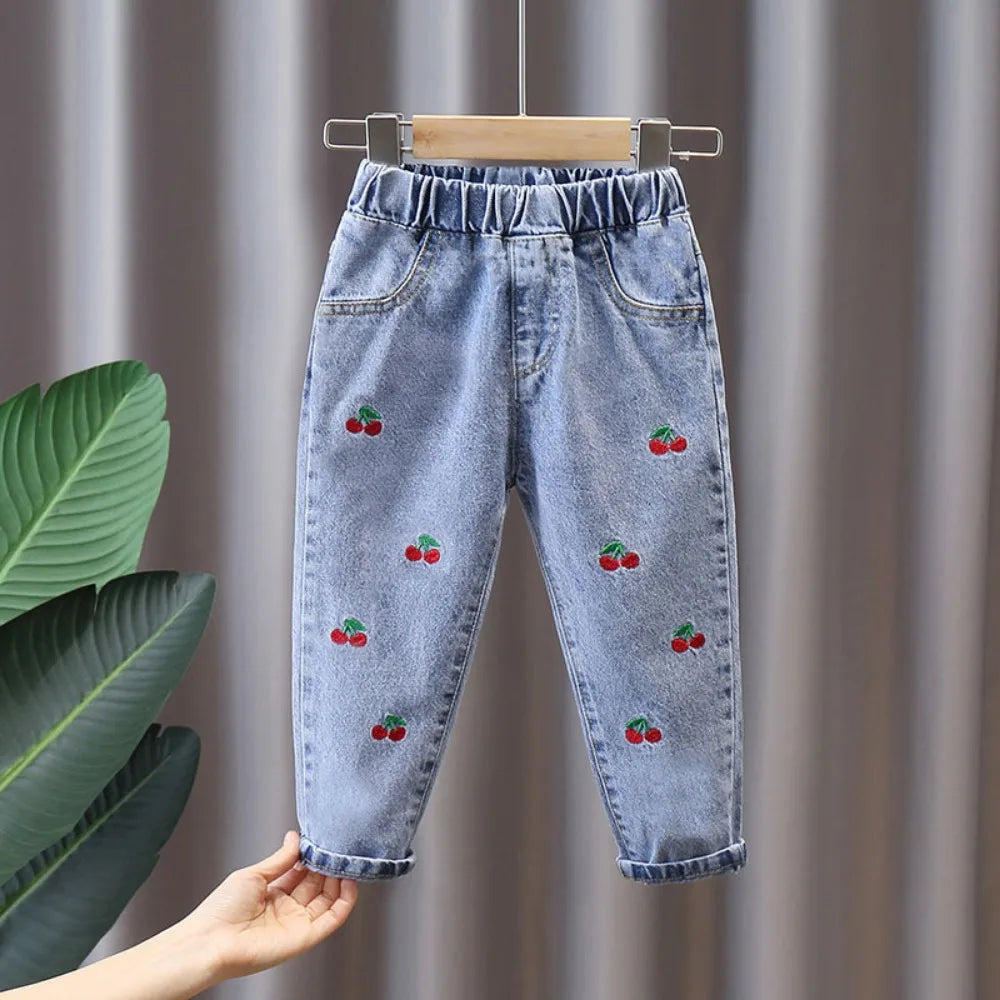 Girls Denim Pencil Pants with Elastic Waist for Casual Wear