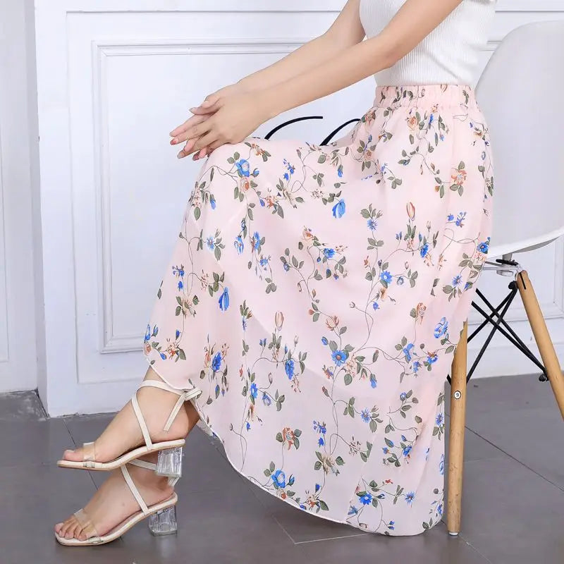 Floral High Waist Chiffon Midi Skirt for Women Summer 2025