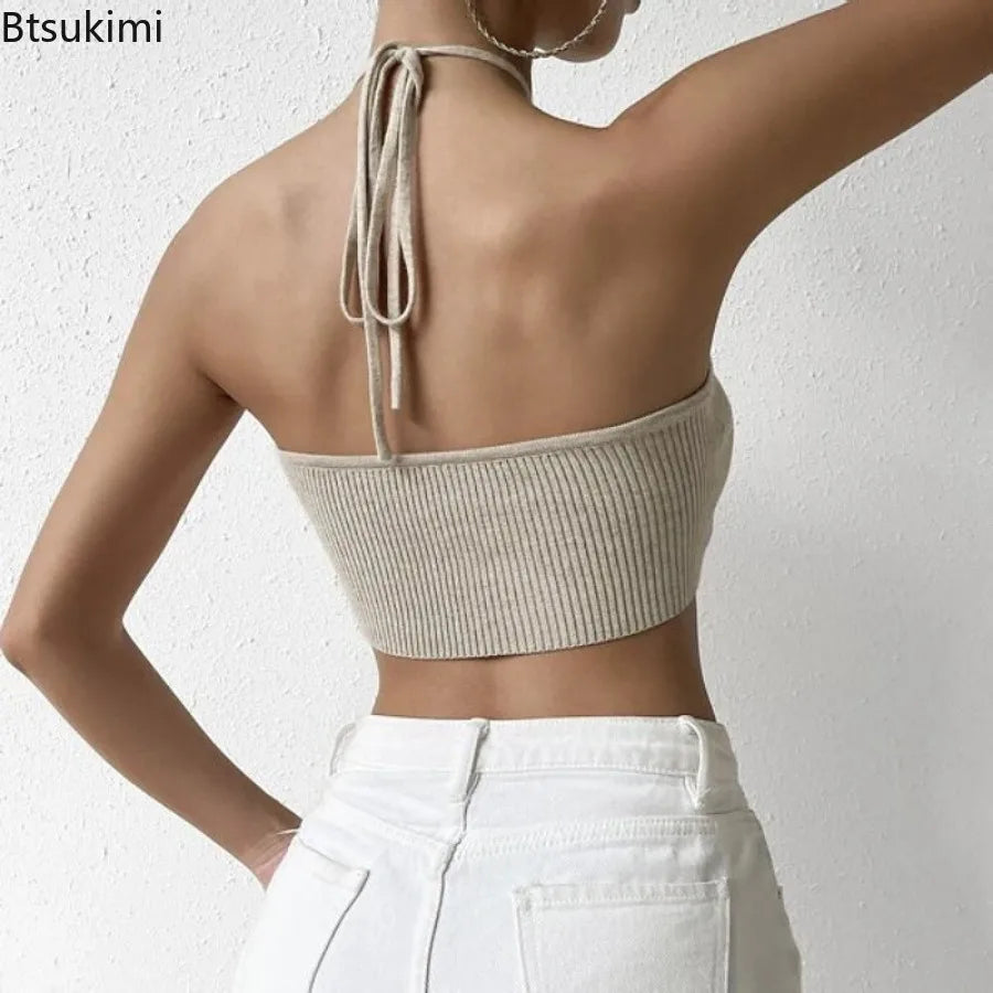 Women's Summer Knitted Backless Tank Top Sleeveless Striped Top Asymmetrical Solid Lump Halter Crop Top Women Sexy Fashion Tops