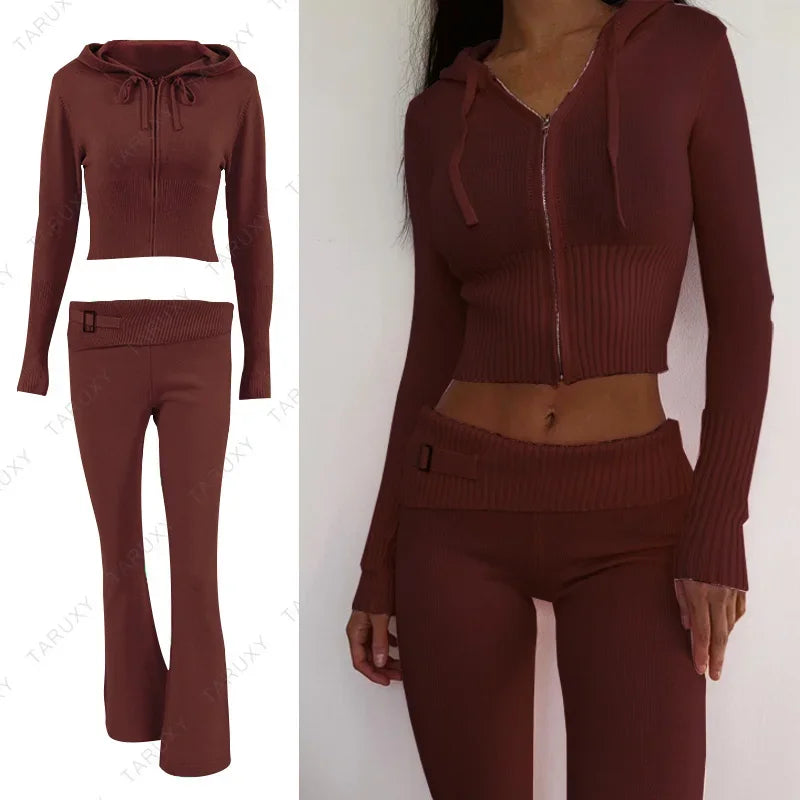 TARUXY Women Zipper Hoodie Set with Flare Pants for Casual Wear