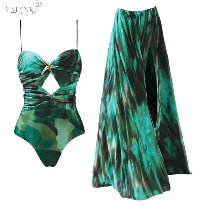 Green Floral Print Women's 2 Piece Swimwear Set