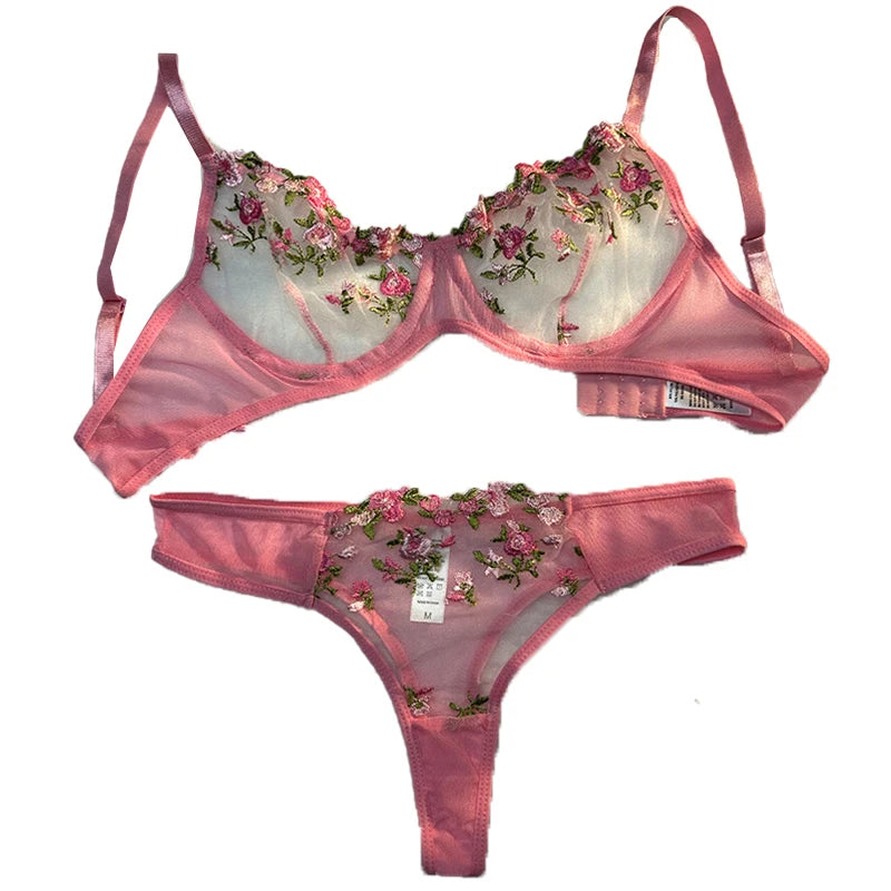 Transparent Embroidered Floral Bra and Panties Set for Women