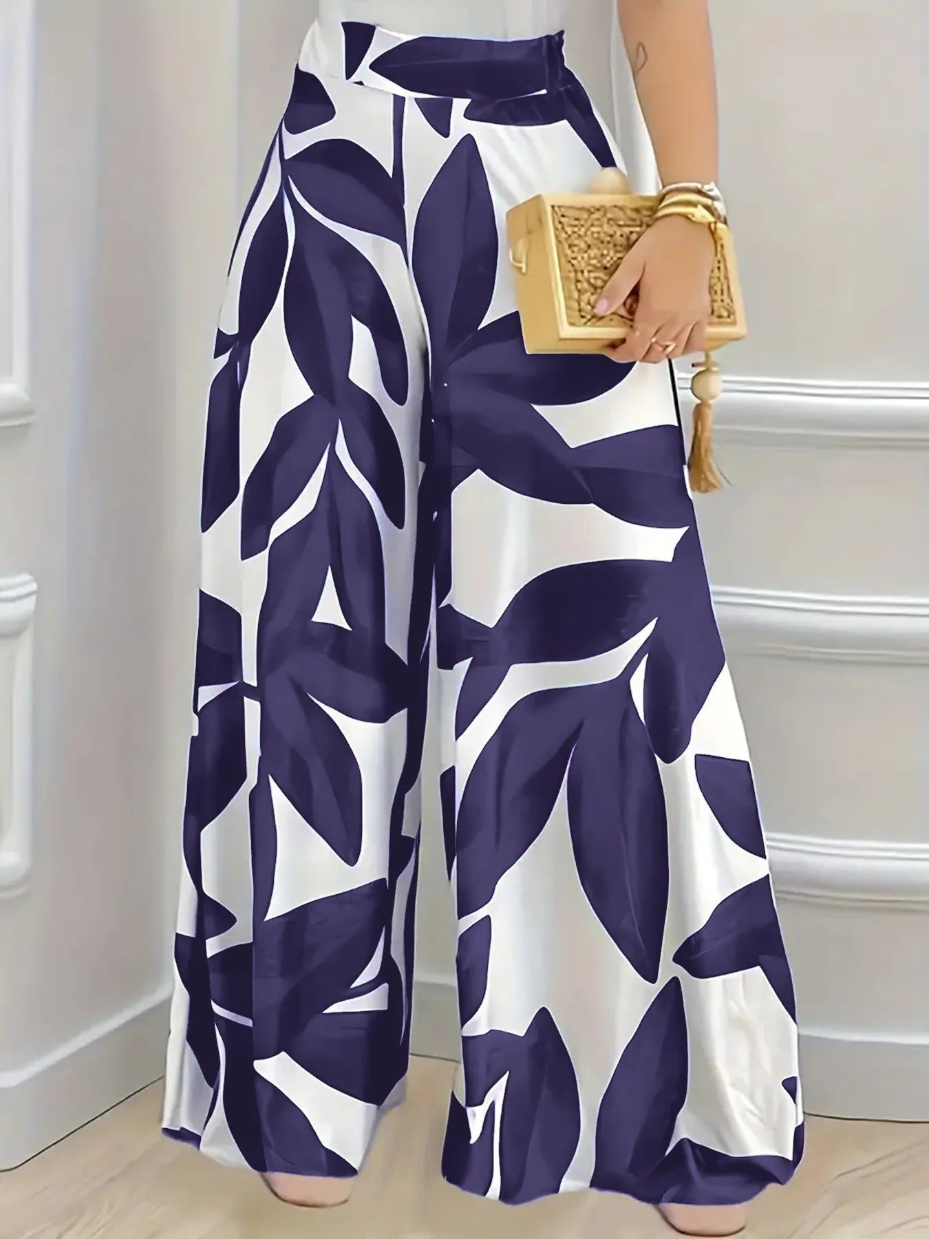 Elegant Boho Wide-Leg Trousers for Women in Blue Leaf Print